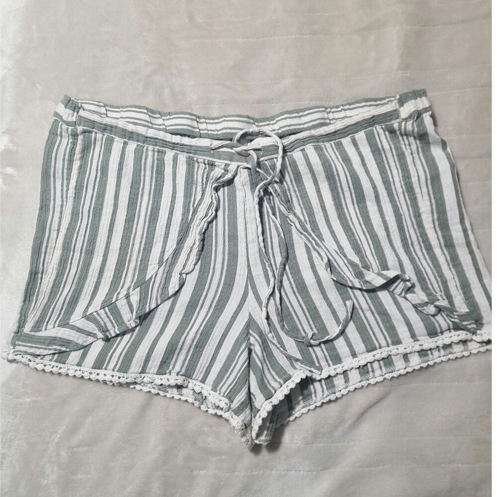 Kut from the Kloth Green Stripe Cotton Shorts Size 12 Drawstring Pockets